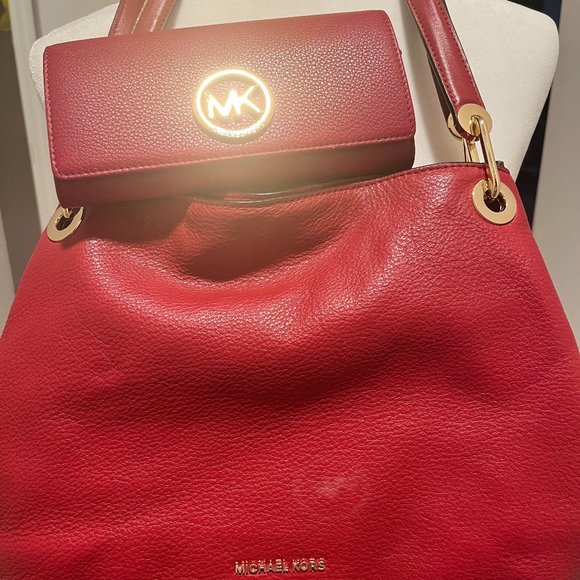 Like New    Michael Kors  Raven Red   Shoulder Handbag and Red MK Wallet Set - Picture 1 of 10